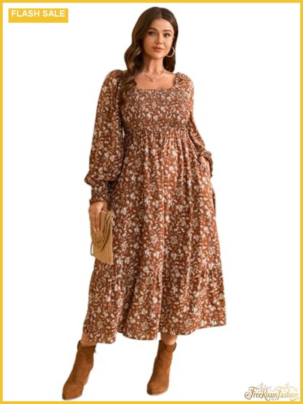 Plus Size Long Sleeve Smocked Floral Maxi Dress